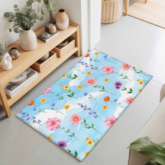 Rectangle Area Rug 2x3ft,Country Blossom Flower Washable Carpet Non-Slip Runner Accent Rugs Indoor Floor Mat for Bedroom Living Room Decor,Blue Sky White Cloud