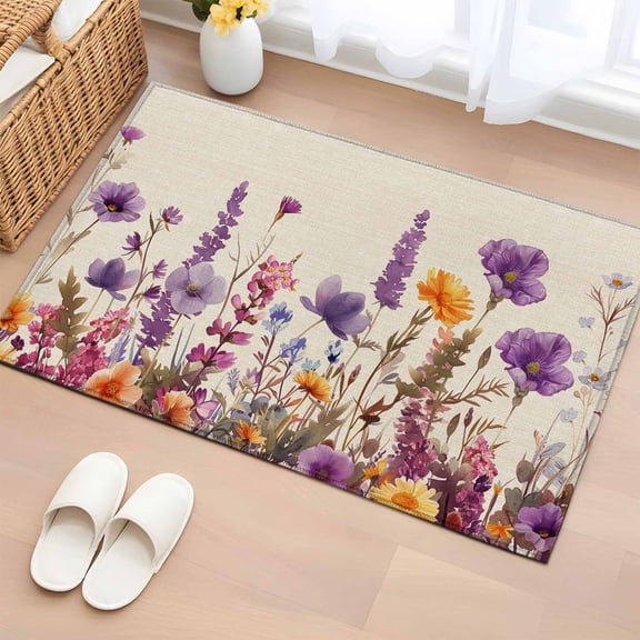 Rectangle Area Rug 2x3ft, Country Flower Purple Lavender Plant Non-Slip Non-Shedding Floor Mat, Retro Linen Washable Sturdy Carpet for Living Room Bedroom Home Decor