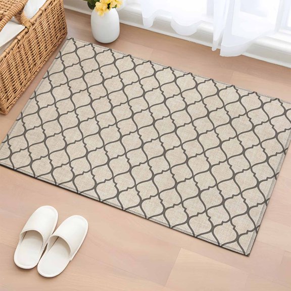 Rectangle Area Rug 2x3ft, Country Morocco Tile Geometric Pattern Non-Shedding Washable Area Rug, Vintage Brown Gray Non Slip Low-Profile Rugs for Living Room, Bedroom Dining Room