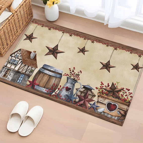 Rectangle Area Rug 2x3ft,Country Star Farm House Barrel Washable Carpet Non-Slip Runner Accent Rugs Indoor Floor Mat for Bedroom Living Room Decor,Berry Retro Wooden