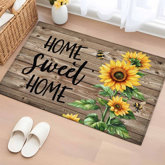 Rectangle Area Rug 2x3ft, Country Sunflower Bee Green Leaves Non-Slip Non-Shedding Floor Mat, Farm Retro Wood Board Washable Sturdy Carpet for Living Room Bedroom Home Decor