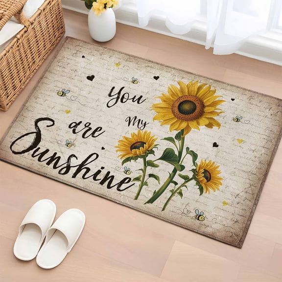 Rectangle Area Rug 2x3ft,Country Sunflower Bee Sunshine Quote Washable Carpet Non-Slip Runner Accent Rugs Indoor Floor Mat for Bedroom Living Room Decor,Vintage Letter