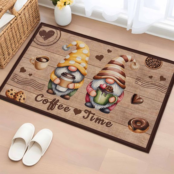 Rectangle Area Rug 2x3ft, Countryside Dwarfs on Retro Wood Non-Slip Non-Shedding Floor Mat, Coffee Time Words Washable Sturdy Carpet for Living Room Bedroom Home Decor
