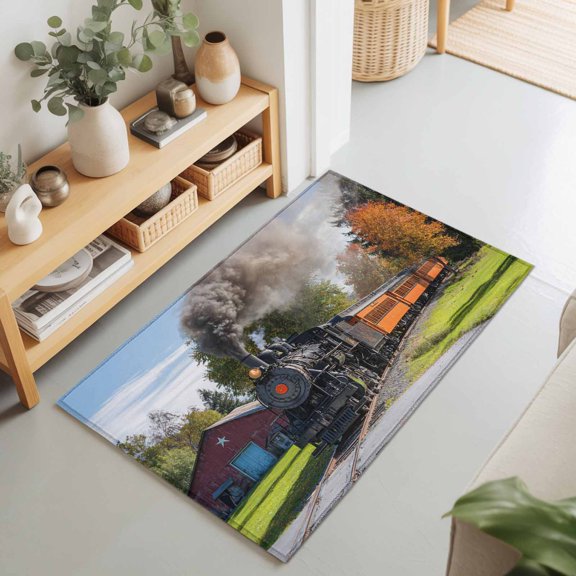 Rectangle Area Rug 2x3ft,Countryside Steam Train Living Room Rug Non-Slip Washable Circle Rugs Pad,Farm Scenery Soft Floor Carpet for Bedroom Dining Room