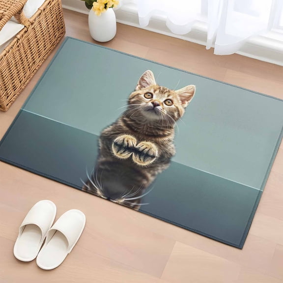 Rectangle Area Rug 2x3ft, Cute Brown Cat on Blue Non-Shedding Washable Area Rug, Animal Focus Non Slip Low-Profile Rugs for Living Room, Bedroom Dining Room