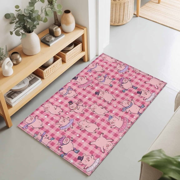 Rectangle Area Rug 2x3ft,Cute Cartoon Pig Pink Buffalo Plaid Washable Carpet Non-Slip Runner Accent Rugs Indoor Floor Mat for Bedroom Living Room Decor,Happy Children's Day