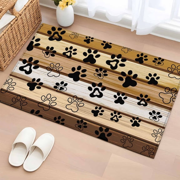 Rectangle Area Rug 2x3ft, Cute Dog Paw Print Farm Wood Board Non-Shedding Washable Area Rug, Pet Footprint Shadow Non Slip Low-Profile Rugs for Living Room, Bedroom Dining Room