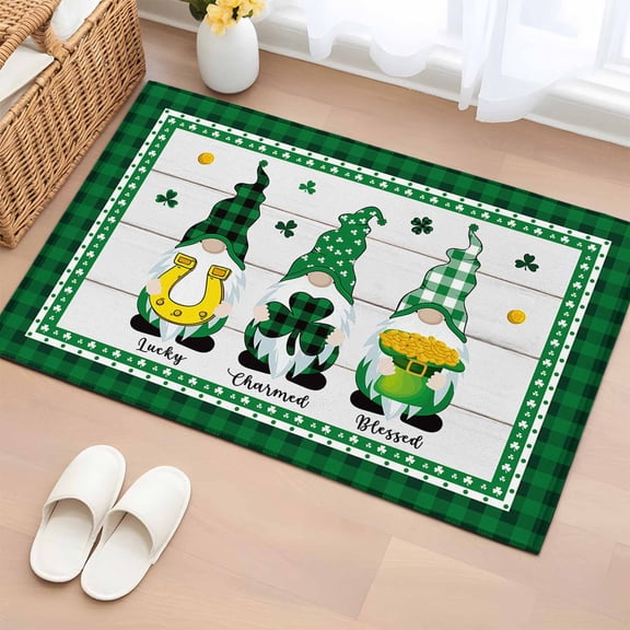 Rectangle Area Rug 2x3ft, Cute Dwarf St. Patrick's Day Green Shamrock Gold Coin Non-Slip Non-Shedding Floor Mat, Vintage White Plank Washable Sturdy Carpet for Living Room Bedroom Home Decor