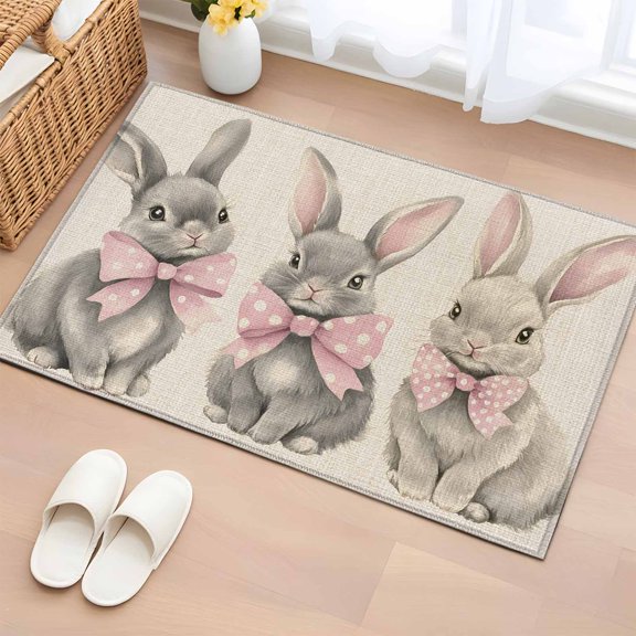 Rectangle Area Rug 2x3ft,Cute Easter Rabbit Retro Linen Washable Carpet Non-Slip Runner Accent Rugs Indoor Floor Mat for Bedroom Living Room Decor,Pink Polka Dot Bow