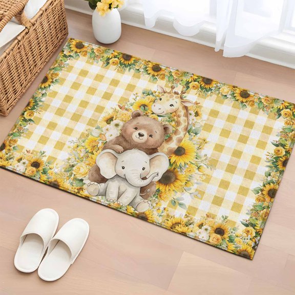 Rectangle Area Rug 2x3ft,Cute Elephants Bears Giraffes Washable Carpet Non-Slip Runner Accent Rugs Indoor Floor Mat for Bedroom Living Room Decor,Children's Day Sunflowers