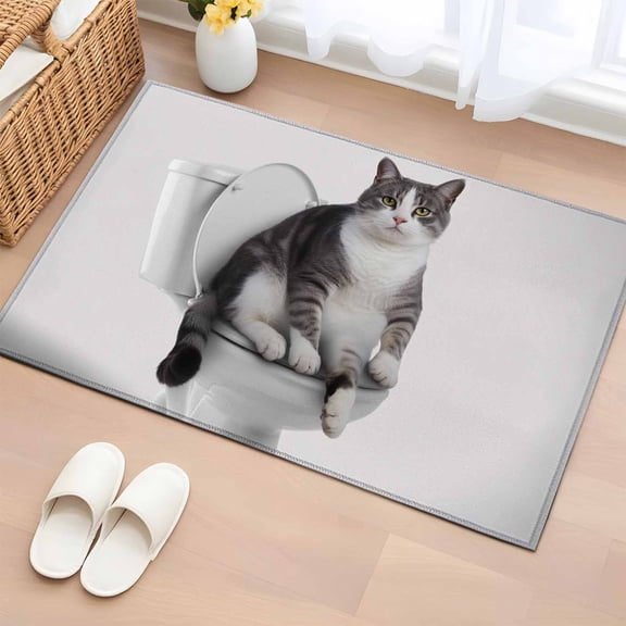 Rectangle Area Rug 2x3ft,Cute Funny Cat on The Toilet Washable Carpet Non-Slip Runner Accent Rugs Indoor Floor Mat for Bedroom Living Room Decor,Animal Grey Art