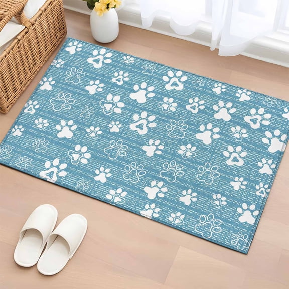 Rectangle Area Rug 2x3ft, Cute Pet Footprints on Sky Blue Non-Shedding Washable Area Rug, Abstract Little Paws Non Slip Low-Profile Rugs for Living Room, Bedroom Dining Room