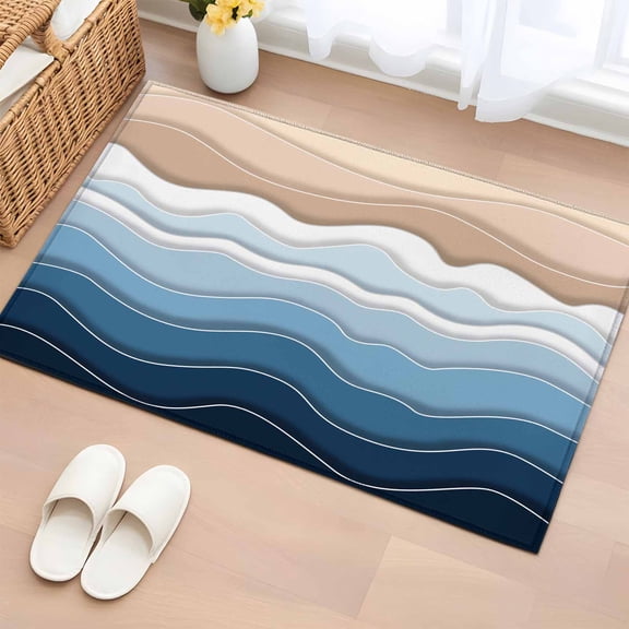 Rectangle Area Rug 2x3ft, Dark Blue Water Ripple Wave Non-Shedding Washable Area Rug, Summer Beach Abstract Geometric Non Slip Low-Profile Rugs for Living Room, Bedroom Dining Room