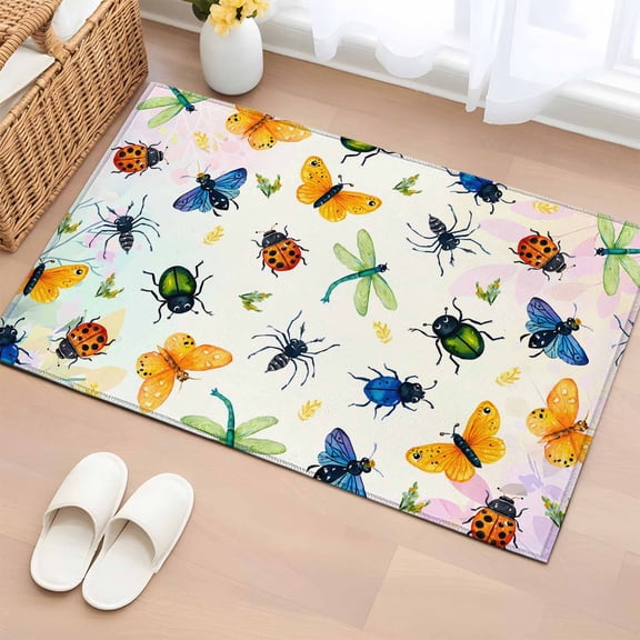 Rectangle Area Rug 2x3ft,Dragonflies Spiders Butterfly Washable Carpet Non-Slip Runner Accent Rugs Indoor Floor Mat for Bedroom Living Room Decor,Seamless Insects Theme