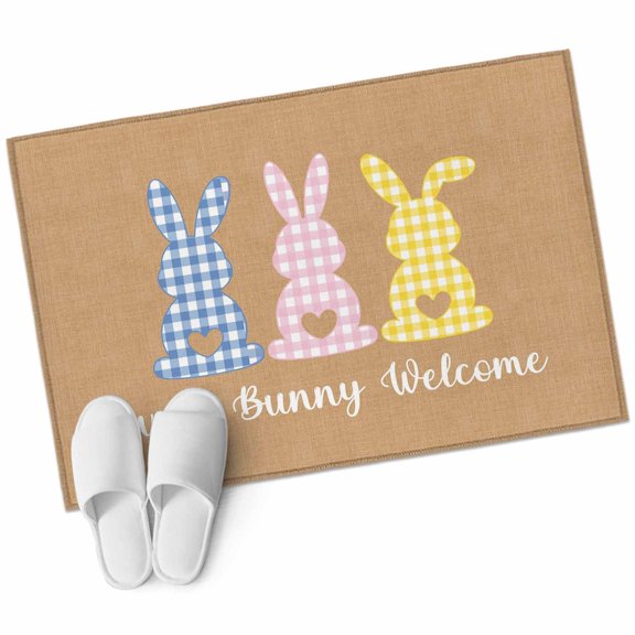 Rectangle Area Rug 2x3ft, Easter Bunny Blue Pink Yellow Plaid Non-Slip Non-Shedding Floor Mat, Welcome Text Vintage Linen Washable Sturdy Carpet for Living Room Bedroom Home Decor