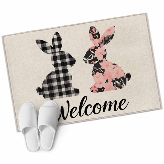 Rectangle Area Rug 2x3ft, Easter Cartoon Plaid Floral Bunny Non-Slip Non-Shedding Floor Mat, Welcome Quote Retro Linen Washable Sturdy Carpet for Living Room Bedroom Home Decor