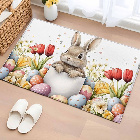 Rectangle Area Rug 2x3ft,Easter Cute Bunny Watercolor Egg Washable Carpet Non-Slip Runner Accent Rugs Indoor Floor Mat for Bedroom Living Room Decor,Pastoral Tulip Wildflower