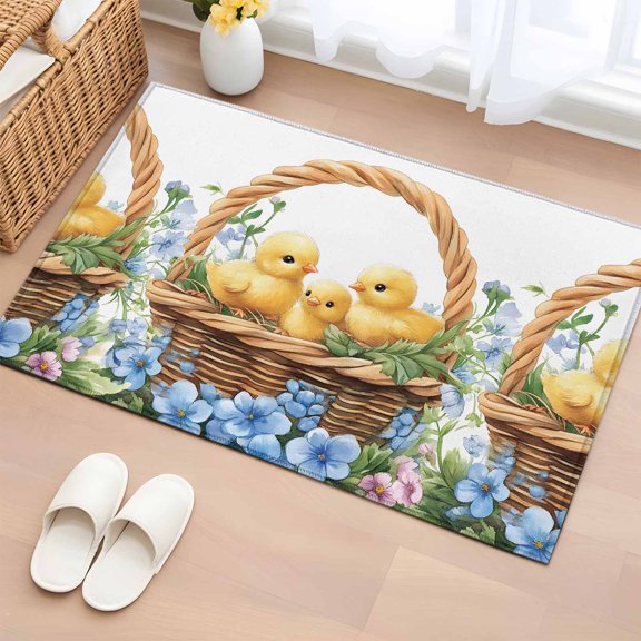 Rectangle Area Rug 2x3ft,Easter Cute Chicken Blue Flower Washable Carpet Non-Slip Runner Accent Rugs Indoor Floor Mat for Bedroom Living Room Decor,Spring Green Leaves