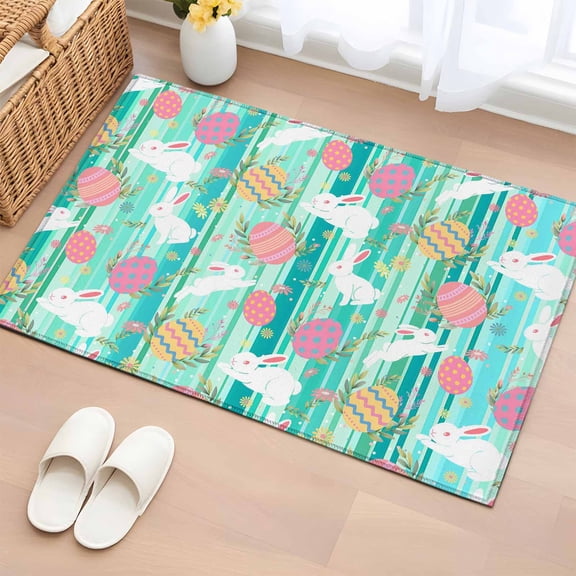 Rectangle Area Rug 2x3ft, Easter Egg Bunny Country Herb Non-Shedding Washable Area Rug, Cartoon Rabbit Green Stripes Non Slip Low-Profile Rugs for Living Room, Bedroom Dining Room