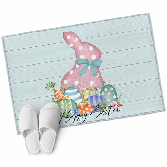 Rectangle Area Rug 2x3ft, Easter Egg Bunny Pink Polka Dot Non-Slip Non-Shedding Floor Mat, Blue Plank Happy Easter Washable Sturdy Carpet for Living Room Bedroom Home Decor