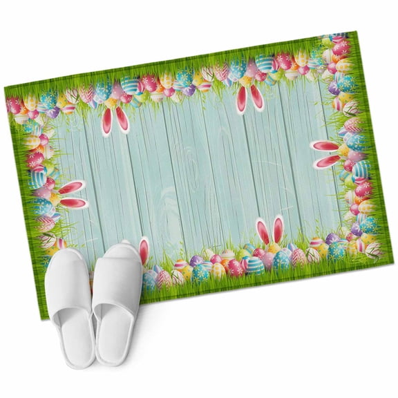 Rectangle Area Rug 2x3ft, Easter Egg Rabbit Ears Non-Slip Non-Shedding Floor Mat, Rustic Wood Plank Green Grass Washable Sturdy Carpet for Living Room Bedroom Home Decor