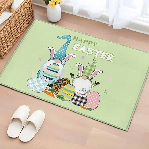 Rectangle Area Rug 2x3ft,Easter Gnome Colorful Eggs Carrot Washable Carpet Non-Slip Runner Accent Rugs Indoor Floor Mat for Bedroom Living Room Decor,Flower Happy Quote on Green