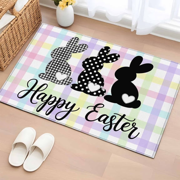Rectangle Area Rug 2x3ft, Easter Rabbit Colorful Checkered Non-Shedding Washable Area Rug, Abstract Black White Bunny Non Slip Low-Profile Rugs for Living Room, Bedroom Dining Room