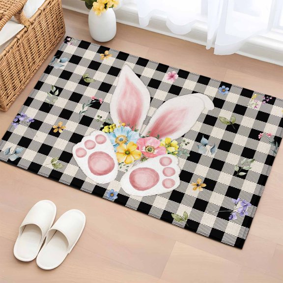 Rectangle Area Rug 2x3ft,Easter Rabbit Ear Foot Washable Carpet Non-Slip Runner Accent Rugs Indoor Floor Mat for Bedroom Living Room Decor,Spring Flower Vintage Buffalo Plaid