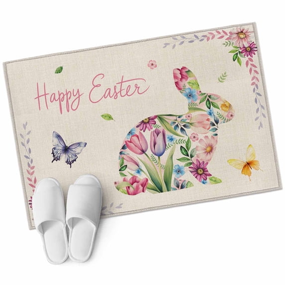 Rectangle Area Rug 2x3ft, Easter Rabbit Flower Retro Linen Non-Slip Non-Shedding Floor Mat, Spring Flower Fallen Leaf Washable Sturdy Carpet for Living Room Bedroom Home Decor