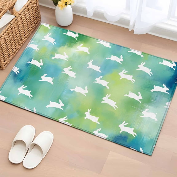 Rectangle Area Rug 2x3ft,Easter Rabbit Silhouette Seamless Washable Carpet Non-Slip Runner Accent Rugs Indoor Floor Mat for Bedroom Living Room Decor,Blue Green Gradient