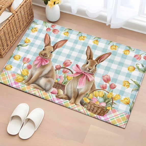 Rectangle Area Rug 2x3ft, Easter Rabbit Spring Tulip Non-Shedding Washable Area Rug, Blue Checkered Pastoral Flower Non Slip Low-Profile Rugs for Living Room, Bedroom Dining Room