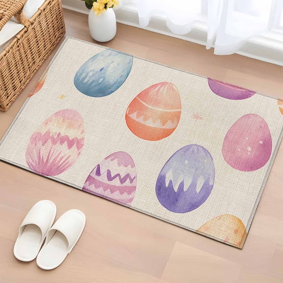 Rectangle Area Rug 2x3ft, Easter Watercolor Egg on Burlap Non-Slip Non-Shedding Floor Mat, Rustic Colorful Eggs Floral Washable Sturdy Carpet for Living Room Bedroom Home Decor