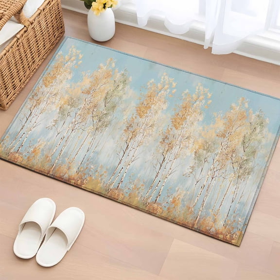 Rectangle Area Rug 2x3ft, Fall Golden Birch Tree on Blue Non-Shedding Washable Area Rug, Retro Oil Painting Art Non Slip Low-Profile Rugs for Living Room, Bedroom Dining Room