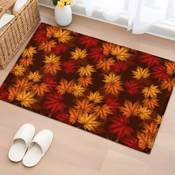 Rectangle Area Rug 2x3ft, Fall Maple Leaves Orange Watercolor Non-Slip Non-Shedding Floor Mat, Thanksgiving Fallen Leaf Washable Sturdy Carpet for Living Room Bedroom Home Decor