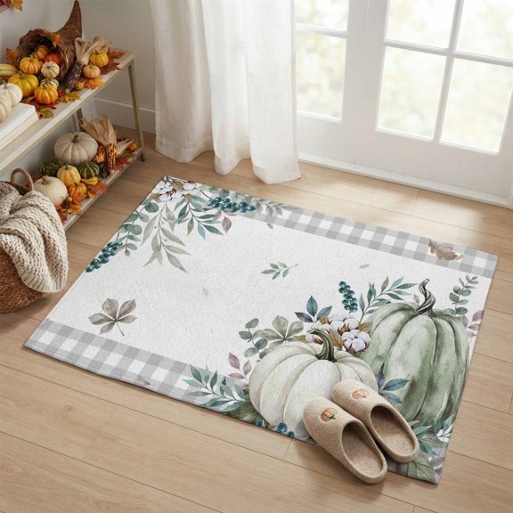 Rectangle Area Rug 2x3ft,Fall Thanksgiving Pumpkin Leaf Washable Carpet Non-Slip Runner Accent Rugs Indoor Floor Mat for Bedroom Living Room Decor,Farm Cotton Berry Gray Plaid