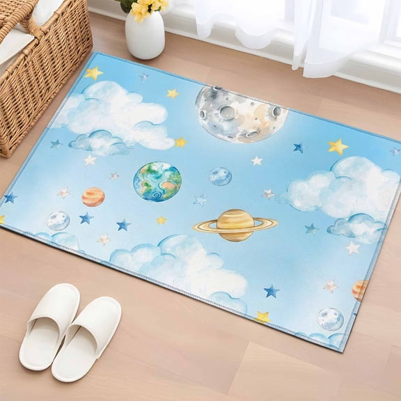Rectangle Area Rug 2x3ft, Fantasy Universe Planet Cloud Non-Slip Non-Shedding Floor Mat, Blue and Yellow Stars Washable Sturdy Carpet for Living Room Bedroom Home Decor