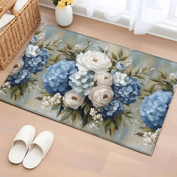 Rectangle Area Rug 2x3ft, Farm Blue White Hydrangea Non-Shedding Washable Area Rug, Watercolor Floral Art Non Slip Low-Profile Rugs for Living Room, Bedroom Dining Room