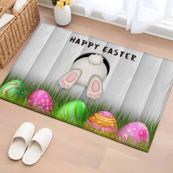 Rectangle Area Rug 2x3ft, Farm Bunny Butt Wood Plank Non-Slip Non-Shedding Floor Mat, Easter Eggs Rustic Grass Washable Sturdy Carpet for Living Room Bedroom Home Decor