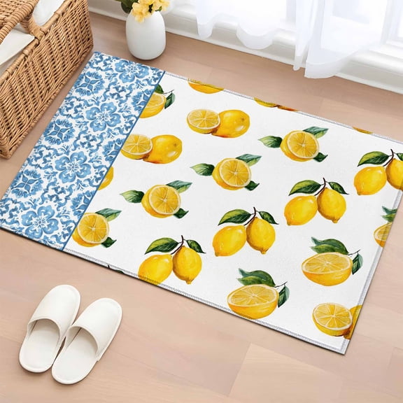 Rectangle Area Rug 2x3ft, Farm Fruit Yellow Lemon Leaves Non-Shedding Washable Area Rug, Blue and White Porcelain Texture Non Slip Low-Profile Rugs for Living Room, Bedroom Dining Room