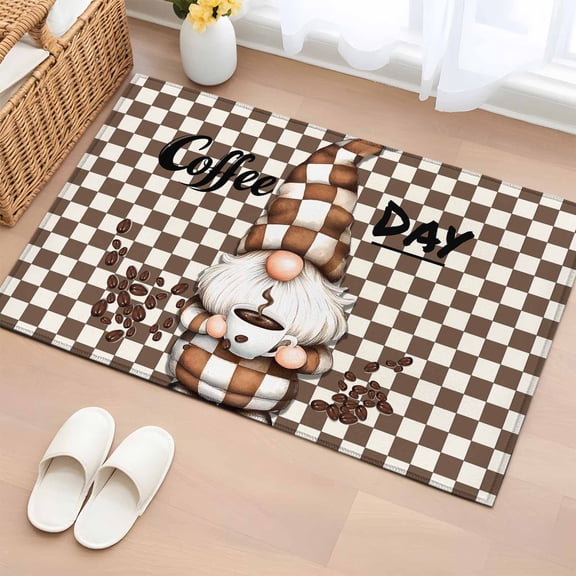 Rectangle Area Rug 2x3ft,Farm Gnome Coffee Day Beans Washable Carpet Non-Slip Runner Accent Rugs Indoor Floor Mat for Bedroom Living Room Decor,Classic Brown Buffalo Plaid