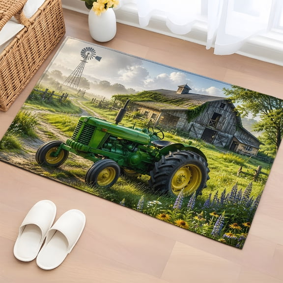 Rectangle Area Rug 2x3ft, Farm Green Tractor Non-Slip Non-Shedding Floor Mat, Retro Old Barn Windmill Washable Sturdy Carpet for Living Room Bedroom Home Decor