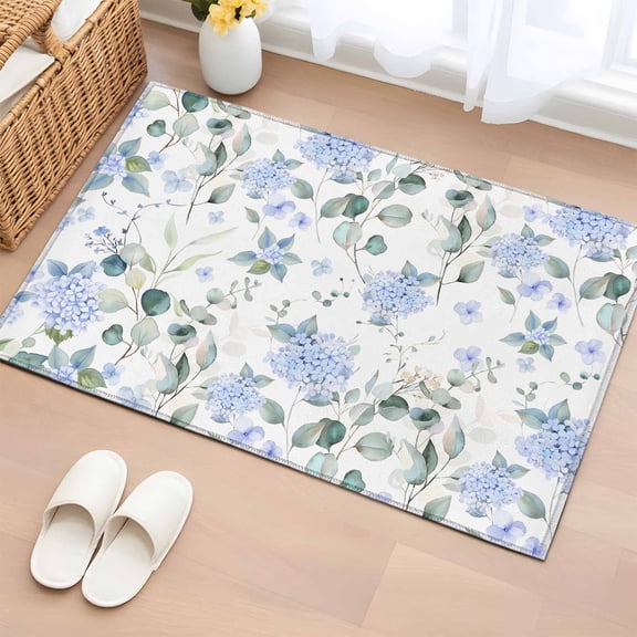 Rectangle Area Rug 2x3ft, Farm Hydrangea Flower Blue Non-Slip Non-Shedding Floor Mat, Country Eucalyptus Leaf Floral Washable Sturdy Carpet for Living Room Bedroom Home Decor