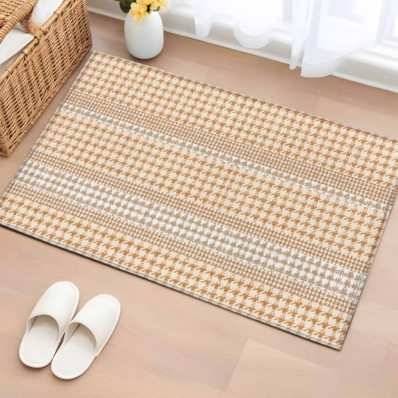 Rectangle Area Rug 2x3ft, Farm Lattice Houndstooth Pattern Non-Shedding Washable Area Rug, Rustic Beige Khaki Plaid Non Slip Low-Profile Rugs for Living Room, Bedroom Dining Room