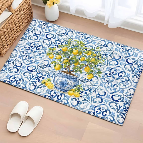 Rectangle Area Rug 2x3ft, Farm Lemon Fruit Leaves Non-Shedding Washable Area Rug, Blue and White Porcelain Texture Non Slip Low-Profile Rugs for Living Room, Bedroom Dining Room