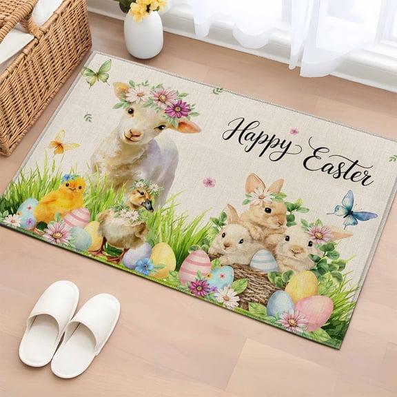 Rectangle Area Rug 2x3ft, Farm Rabbit Easter Egg Retro Linen Non-Shedding Washable Area Rug, Ombre Daisy Herb Sheep Non Slip Low-Profile Rugs for Living Room, Bedroom Dining Room