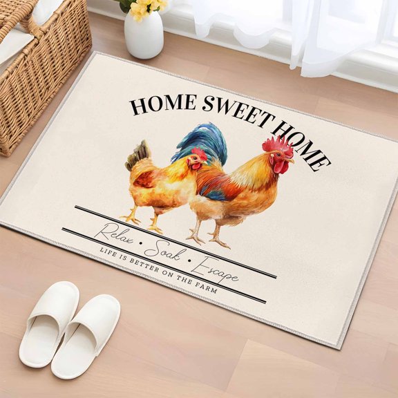 Rectangle Area Rug 2x3ft,Farm Rooster Watercolor Animal Washable Carpet Non-Slip Runner Accent Rugs Indoor Floor Mat for Bedroom Living Room Decor,Sweet Home Quote