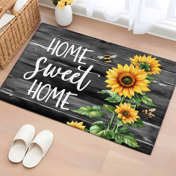 Rectangle Area Rug 2x3ft,Farm Sunflower Bee Sweet Home Text Washable Carpet Non-Slip Runner Accent Rugs Indoor Floor Mat for Bedroom Living Room Decor,Vintage Black Grey Wood