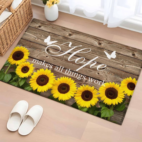 Rectangle Area Rug 2x3ft,Farm Sunflower Positive Energy Quote Washable Carpet Non-Slip Runner Accent Rugs Indoor Floor Mat for Bedroom Living Room Decor,Retro Dark Brown Wood Grain