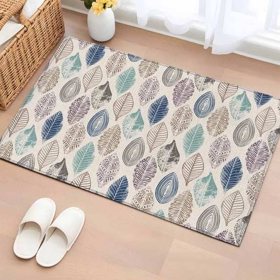 Rectangle Area Rug 2x3ft, Farm Teal Leaf Retro Linen Non-Shedding Washable Area Rug, Abstract Leaves Seamless Non Slip Low-Profile Rugs for Living Room, Bedroom Dining Room