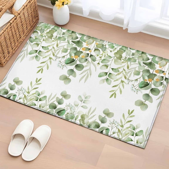 Rectangle Area Rug 2x3ft, Farm Watercolor Green Leaves Non-Slip Non-Shedding Floor Mat, Eucalyptus Leaf on White Washable Sturdy Carpet for Living Room Bedroom Home Decor